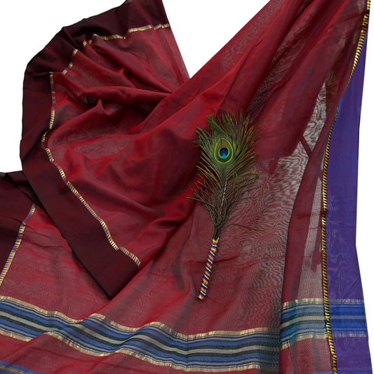 Indian Vintage Sari Maroon Chanderi Cotton Hand Woven Sarees 6Yd Craft Fabric Soft Sewing Sarong Dress Making Quilting Crafting Zari Border