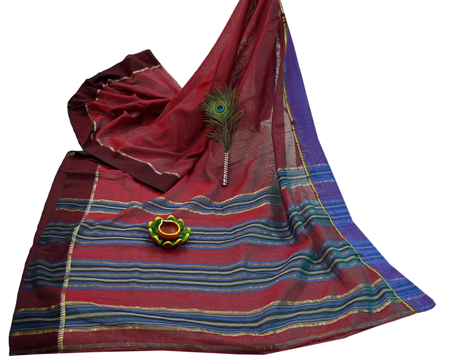 Indian Vintage Sari Maroon Chanderi Cotton Hand Woven Sarees 6Yd Craft Fabric Soft Sewing Sarong Dress Making Quilting Crafting Zari Border