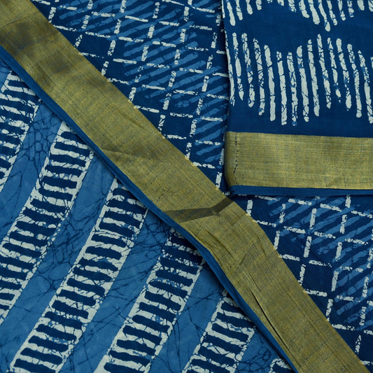 Indian Vintage Sari Blue Pure Chanderi Cotton Hand Block Printed Sarees 5Yd Craft Fabric Soft Sewing Sarong Dress Making Quilting Crafting