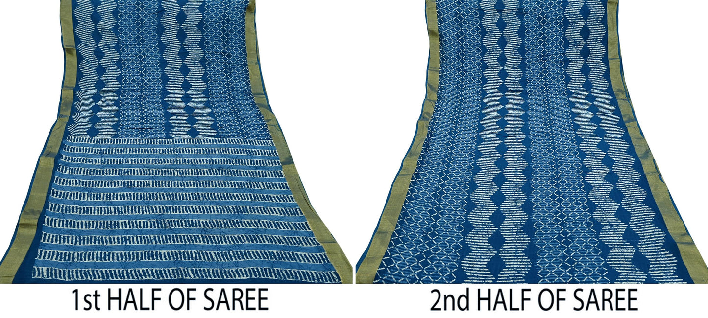 Indian Vintage Sari Blue Pure Chanderi Cotton Hand Block Printed Sarees 5Yd Craft Fabric Soft Sewing Sarong Dress Making Quilting Crafting