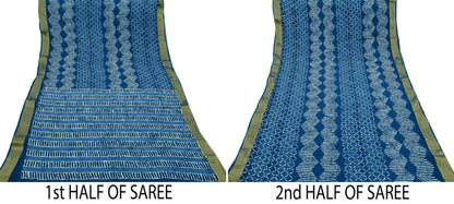 Indian Vintage Sari Blue Pure Chanderi Cotton Hand Block Printed Sarees 5Yd Craft Fabric Soft Sewing Sarong Dress Making Quilting Crafting
