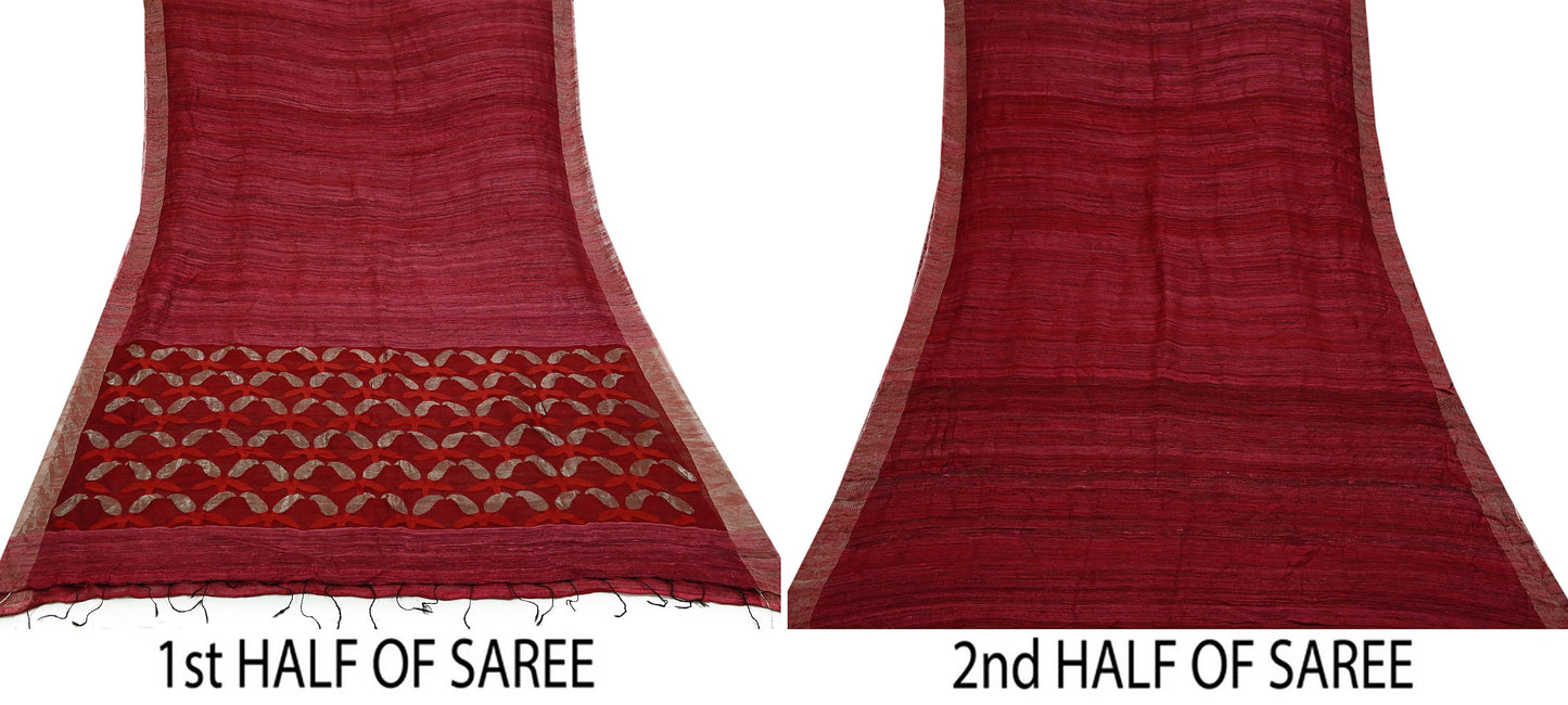 Indian Vintage Sari Maroon 100% Pure Khadi Silk Handloom Sarees Craft Fabric 5Yd Ethnic Sewing Dress making Crafting Quilting Upcycle
