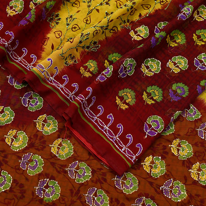 Indian Vintage Maroon & Yellow Saree Georgette Hand Embroidered Kantha Sari Craft Fabric 5yd Sewing Floral Soft Sequins Dress making Upcycle