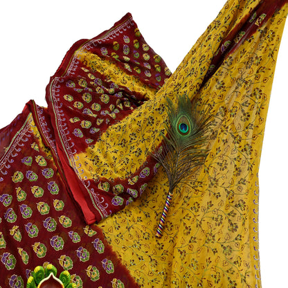 Indian Vintage Maroon & Yellow Saree Georgette Hand Embroidered Kantha Sari Craft Fabric 5yd Sewing Floral Soft Sequins Dress making Upcycle