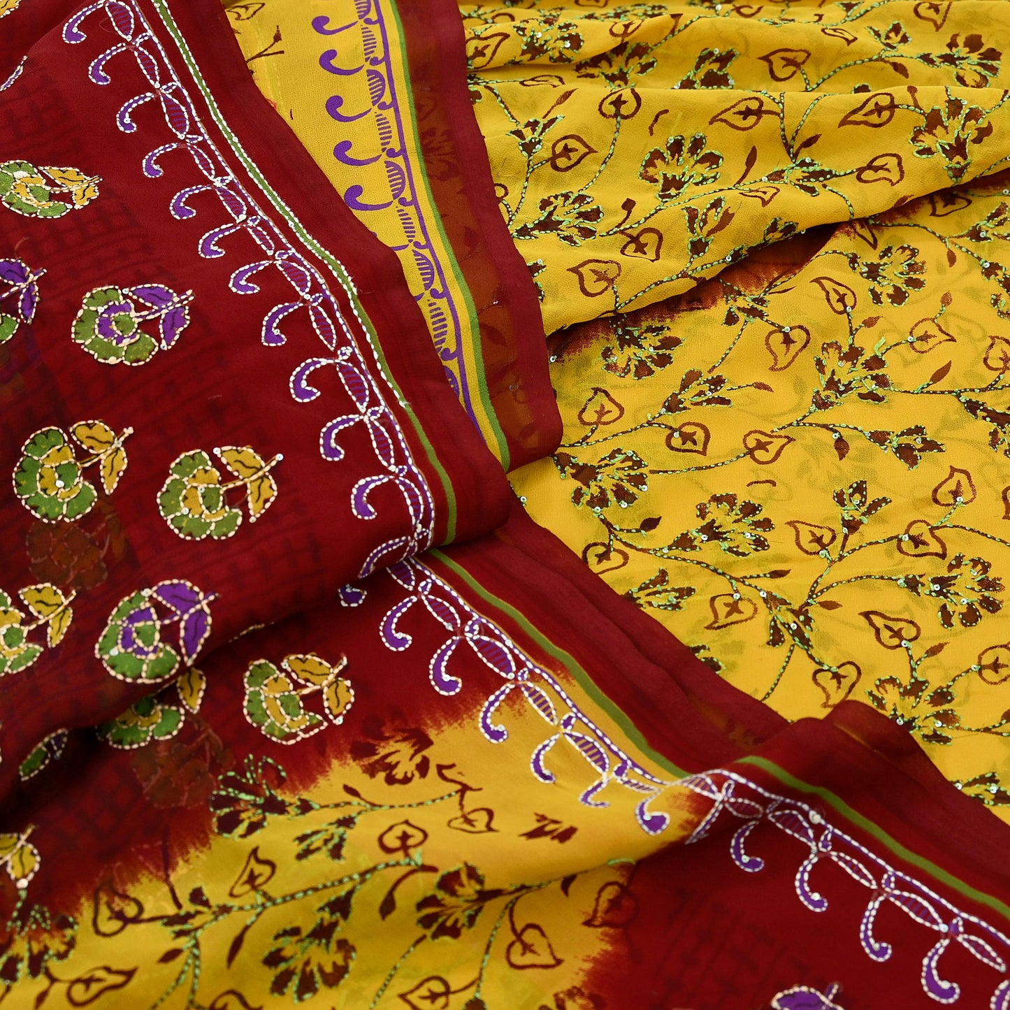 Indian Vintage Maroon & Yellow Saree Georgette Hand Embroidered Kantha Sari Craft Fabric 5yd Sewing Floral Soft Sequins Dress making Upcycle