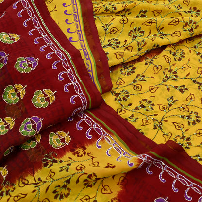 Indian Vintage Maroon & Yellow Saree Georgette Hand Embroidered Kantha Sari Craft Fabric 5yd Sewing Floral Soft Sequins Dress making Upcycle