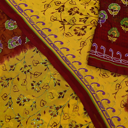 Indian Vintage Maroon & Yellow Saree Georgette Hand Embroidered Kantha Sari Craft Fabric 5yd Sewing Floral Soft Sequins Dress making Upcycle