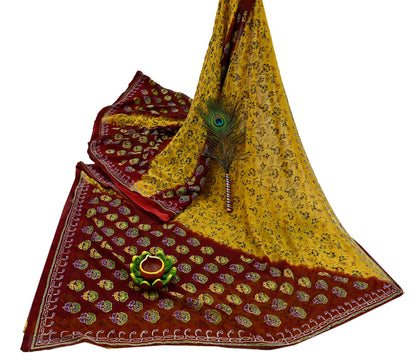 Indian Vintage Maroon & Yellow Saree Georgette Hand Embroidered Kantha Sari Craft Fabric 5yd Sewing Floral Soft Sequins Dress making Upcycle