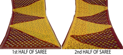 Indian Vintage Maroon & Yellow Saree Georgette Hand Embroidered Kantha Sari Craft Fabric 5yd Sewing Floral Soft Sequins Dress making Upcycle