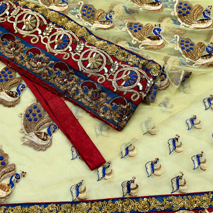 Indian Pre-owned Sari Ivory Net/Mesh Hand Embroidered Anamika Khanna Designer Sarees Ethnic 6Yd Sewing  Zardozi, Zari Wedding Sarees