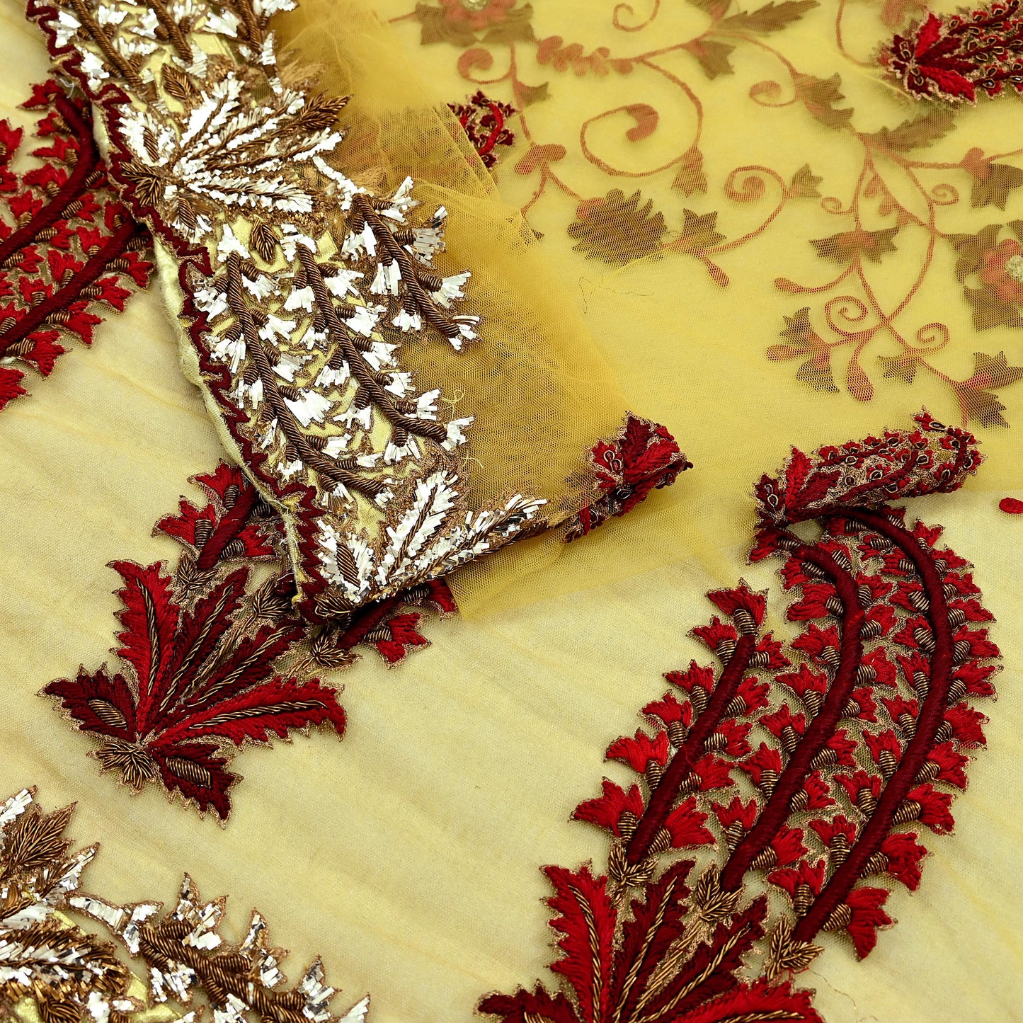 Indian Pre-Owned Sari Mustard Net/Mesh Hand Embroidered Designer Manish Malhotra Sarees 6Yd Ethnic Zardozi/Dabka Zari Wedding Saree