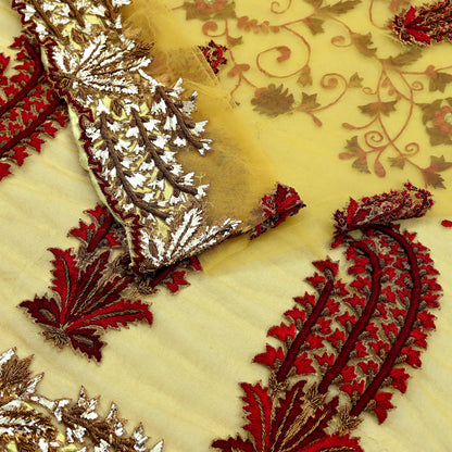 Indian Pre-Owned Sari Mustard Net/Mesh Hand Embroidered Designer Manish Malhotra Sarees 6Yd Ethnic Zardozi/Dabka Zari Wedding Saree