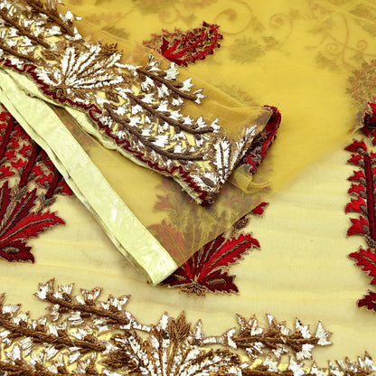 Indian Pre-Owned Sari Mustard Net/Mesh Hand Embroidered Designer Manish Malhotra Sarees 6Yd Ethnic Zardozi/Dabka Zari Wedding Saree