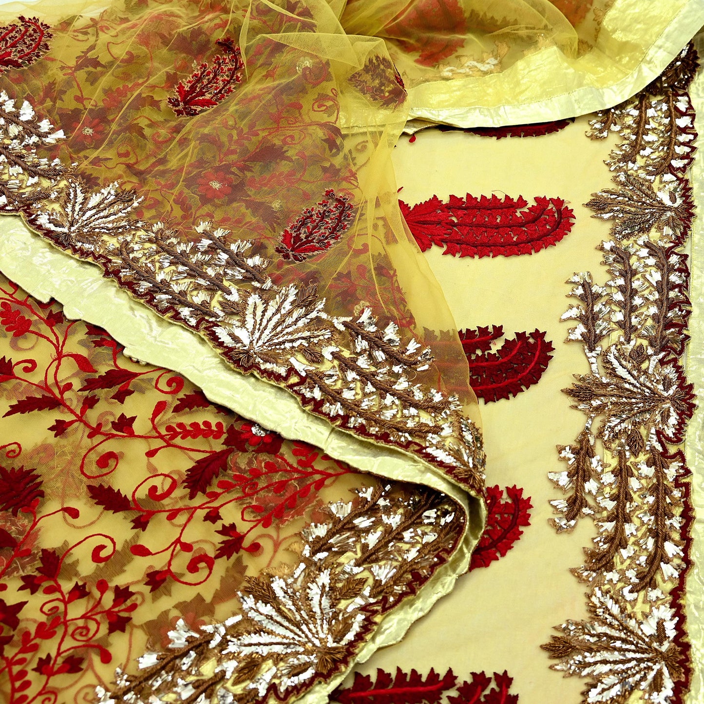 Indian Pre-Owned Sari Mustard Net/Mesh Hand Embroidered Designer Manish Malhotra Sarees 6Yd Ethnic Zardozi/Dabka Zari Wedding Saree