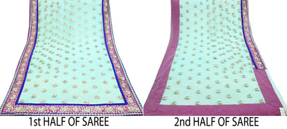 Indian Pre-Owned Sari Blue Net/Mesh Hand Embroidered Designer Manish Malhotra Sarees 6Yd Ethnic Gota Patti Zari Wedding Sarees