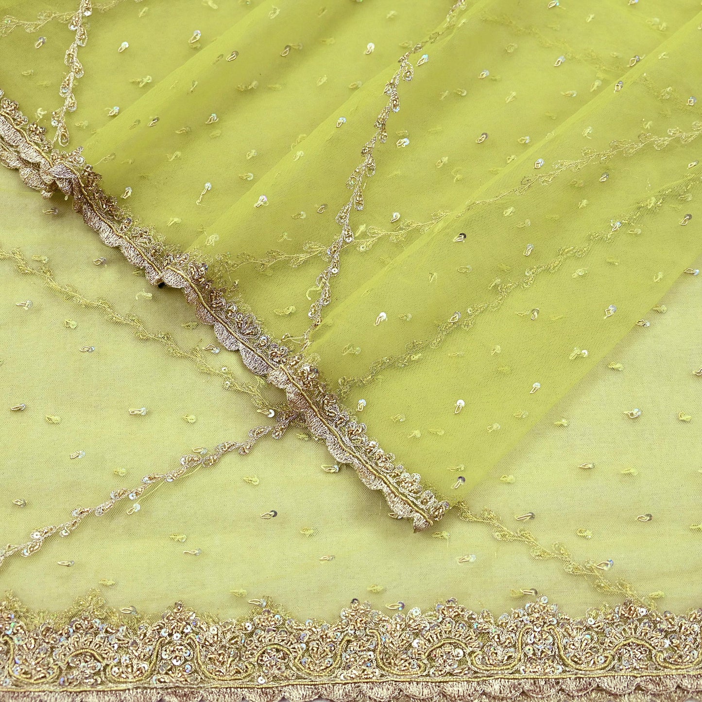Indian Vintage Neon Green Dupatta Net Mesh Long Stole Hand Embroidered Scarves Golden Zardozi Zari Sequins Hijab Veil wrap Boho