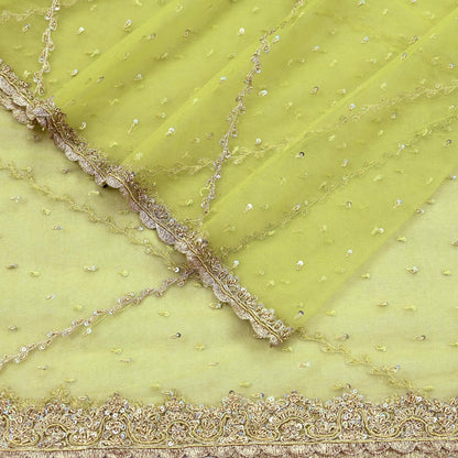 Indian Vintage Neon Green Dupatta Net Mesh Long Stole Hand Embroidered Scarves Golden Zardozi Zari Sequins Hijab Veil wrap Boho