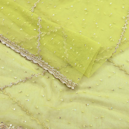 Indian Vintage Neon Green Dupatta Net Mesh Long Stole Hand Embroidered Scarves Golden Zardozi Zari Sequins Hijab Veil wrap Boho