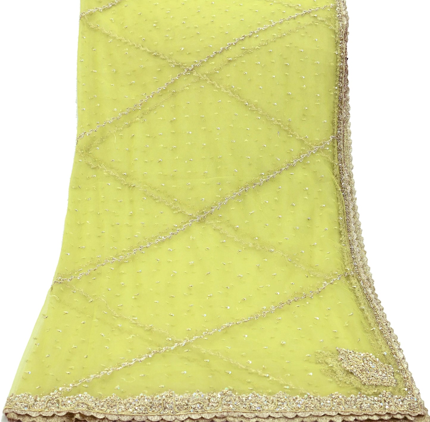 Indian Vintage Neon Green Dupatta Net Mesh Long Stole Hand Embroidered Scarves Golden Zardozi Zari Sequins Hijab Veil wrap Boho