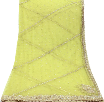 Indian Vintage Neon Green Dupatta Net Mesh Long Stole Hand Embroidered Scarves Golden Zardozi Zari Sequins Hijab Veil wrap Boho