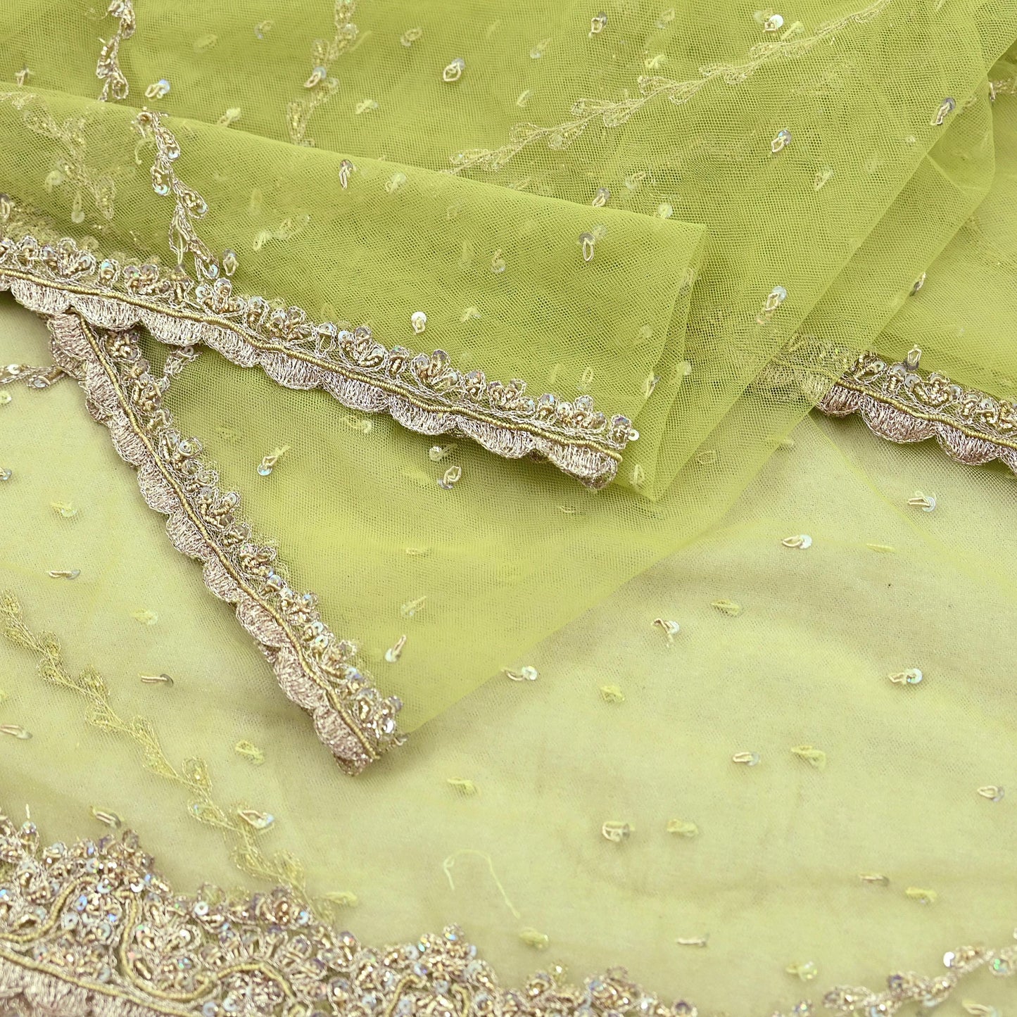 Indian Vintage Neon Green Dupatta Net Mesh Long Stole Hand Embroidered Scarves Golden Zardozi Zari Sequins Hijab Veil wrap Boho