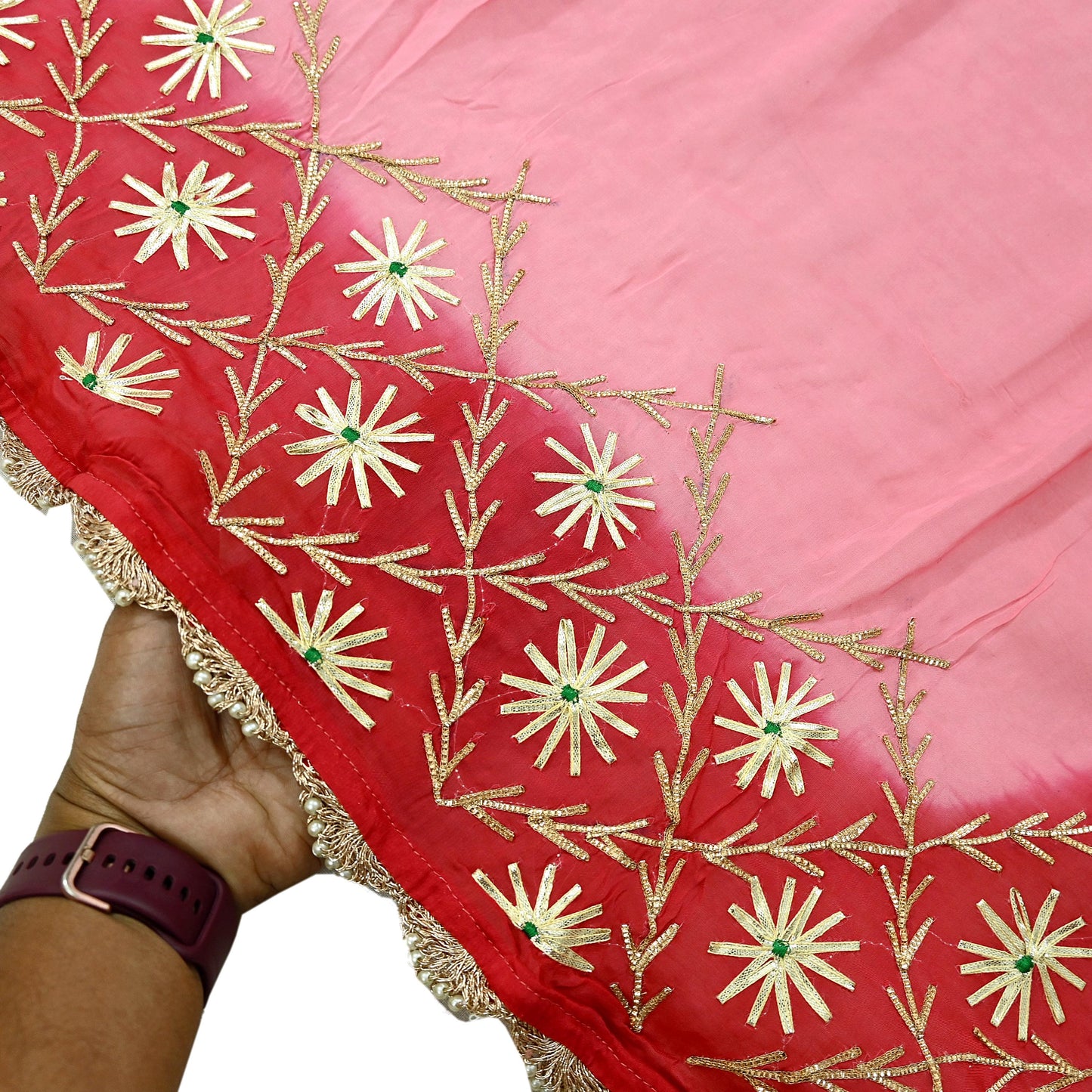 Indian Vintage Dupatta Pink & Red Organza Long Stole Hand Embroidered Scarves Veil Zari Sequins