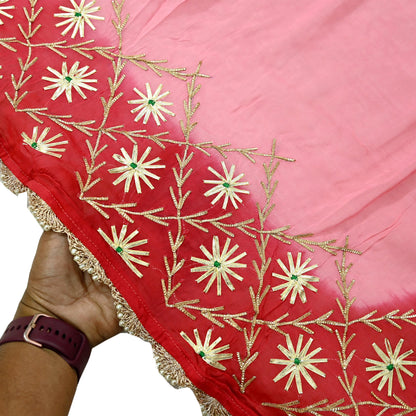 Indian Vintage Dupatta Pink & Red Organza Long Stole Hand Embroidered Scarves Veil Zari Sequins