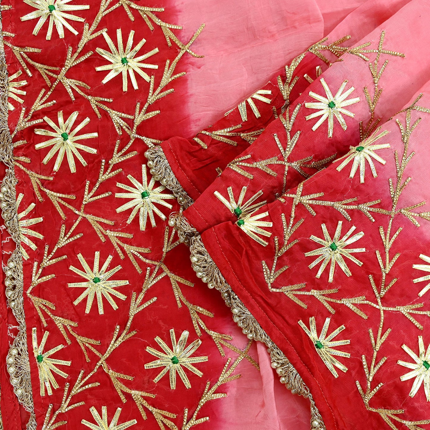 Indian Vintage Dupatta Pink & Red Organza Long Stole Hand Embroidered Scarves Veil Zari Sequins