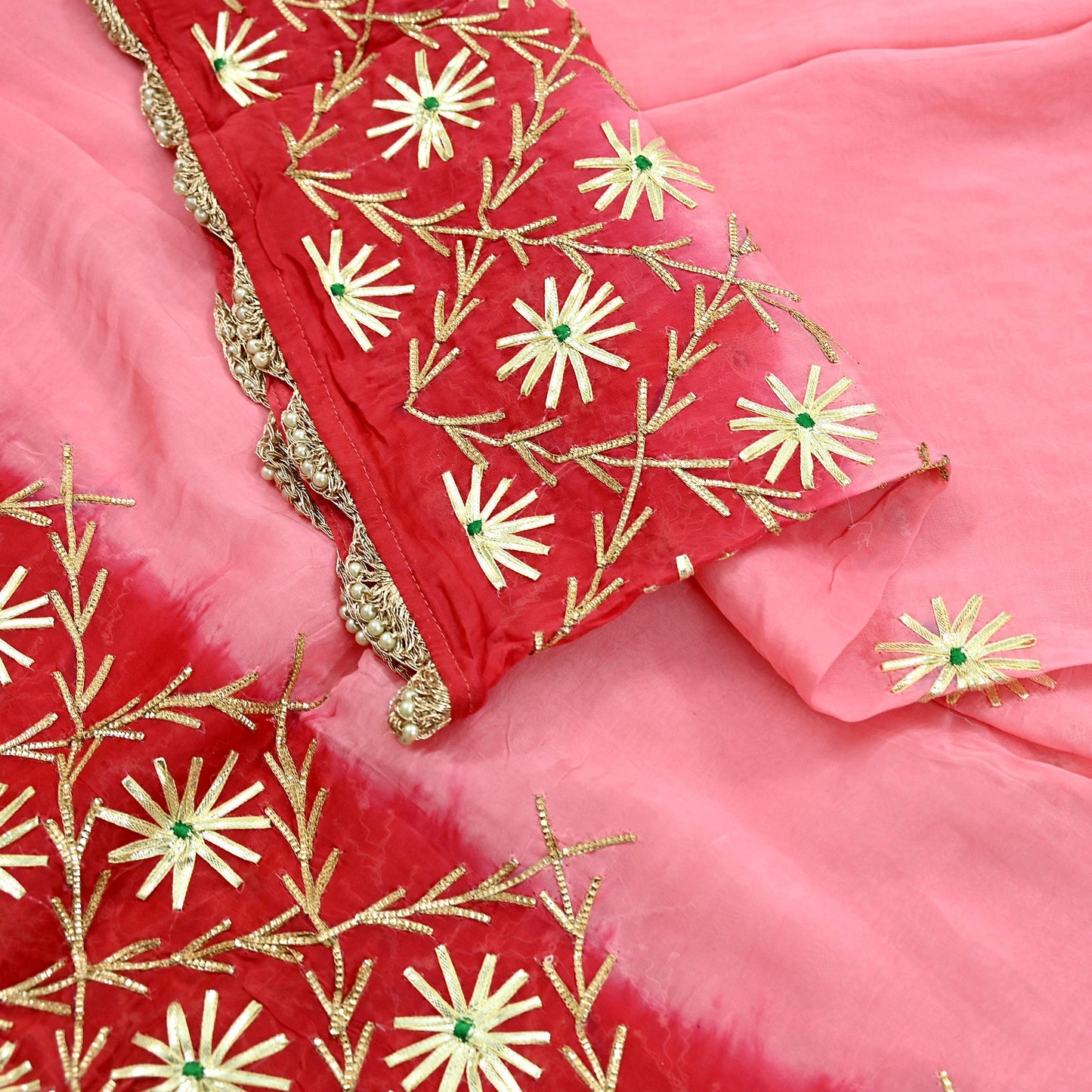 Indian Vintage Dupatta Pink & Red Organza Long Stole Hand Embroidered Scarves Veil Zari Sequins