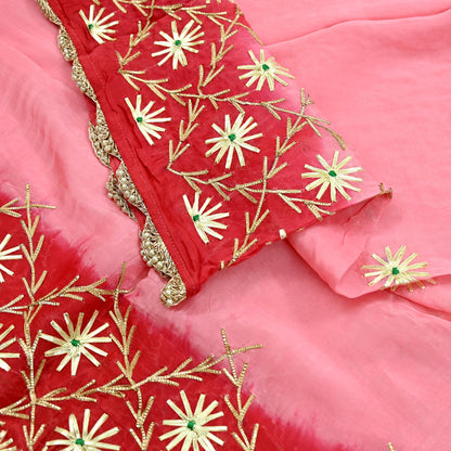 Indian Vintage Dupatta Pink & Red Organza Long Stole Hand Embroidered Scarves Veil Zari Sequins