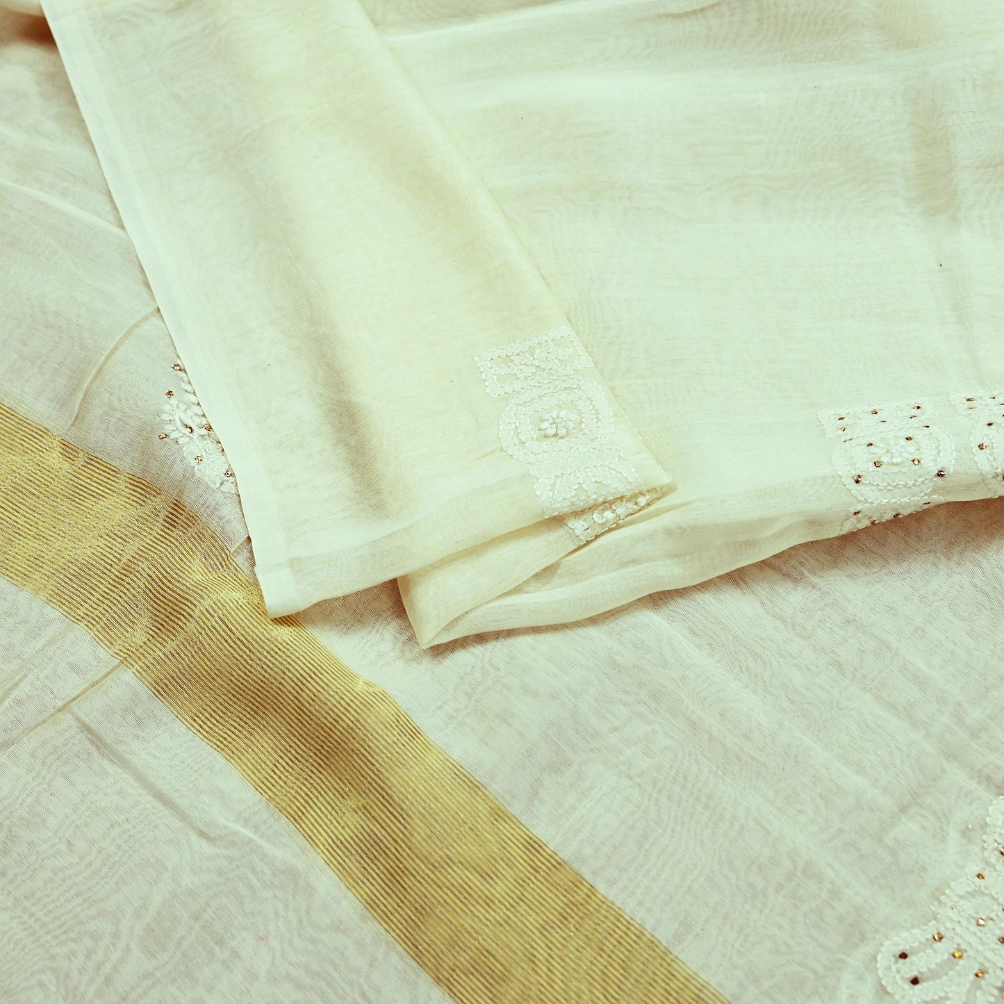 Indian Vintage Dupatta Ivory Long Stole Pure Chanderi silk Handmade Mukesh & Chikankari Scarves Veil Scarf Wrap Zari Floral Design