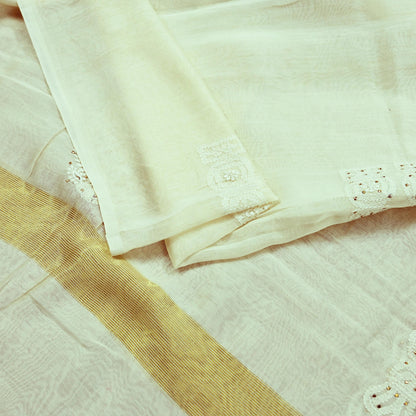 Indian Vintage Dupatta Ivory Long Stole Pure Chanderi silk Handmade Mukesh & Chikankari Scarves Veil Scarf Wrap Zari Floral Design