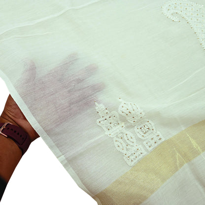 Indian Vintage Dupatta Ivory Long Stole Pure Chanderi silk Handmade Mukesh & Chikankari Scarves Veil Scarf Wrap Zari Floral Design