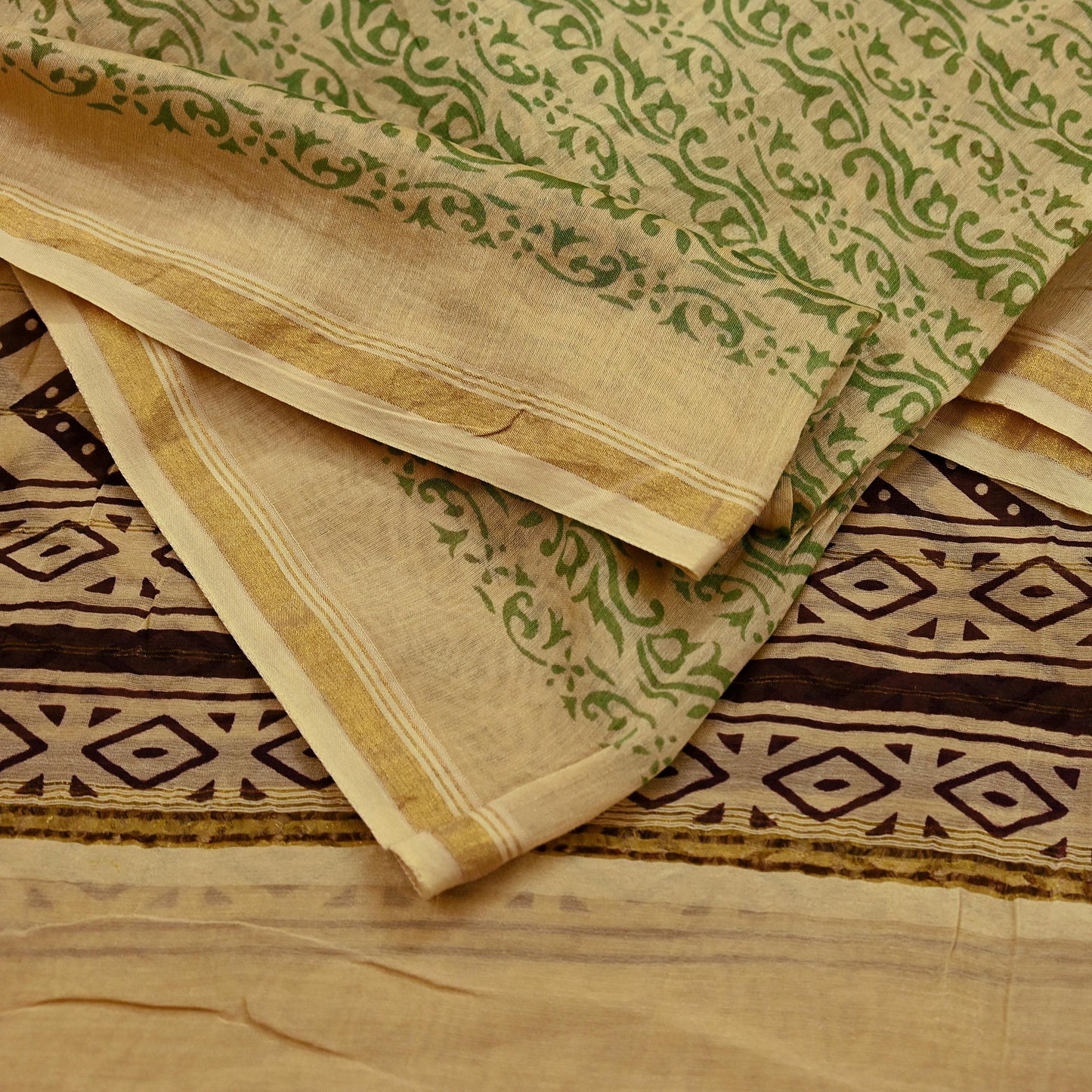 Indian Vintage Dupatta Beige Long Stole Block Print Pure Chanderi Silk Scarves Veil Floral Design Zari Border