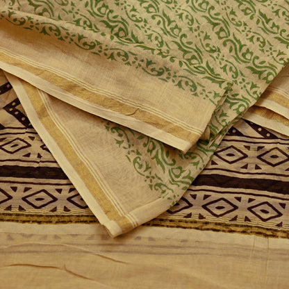 Indian Vintage Dupatta Beige Long Stole Block Print Pure Chanderi Silk Scarves Veil Floral Design Zari Border