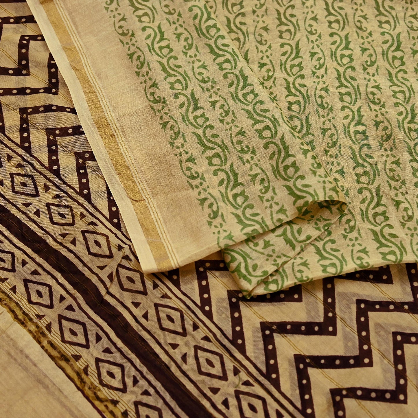Indian Vintage Dupatta Beige Long Stole Block Print Pure Chanderi Silk Scarves Veil Floral Design Zari Border