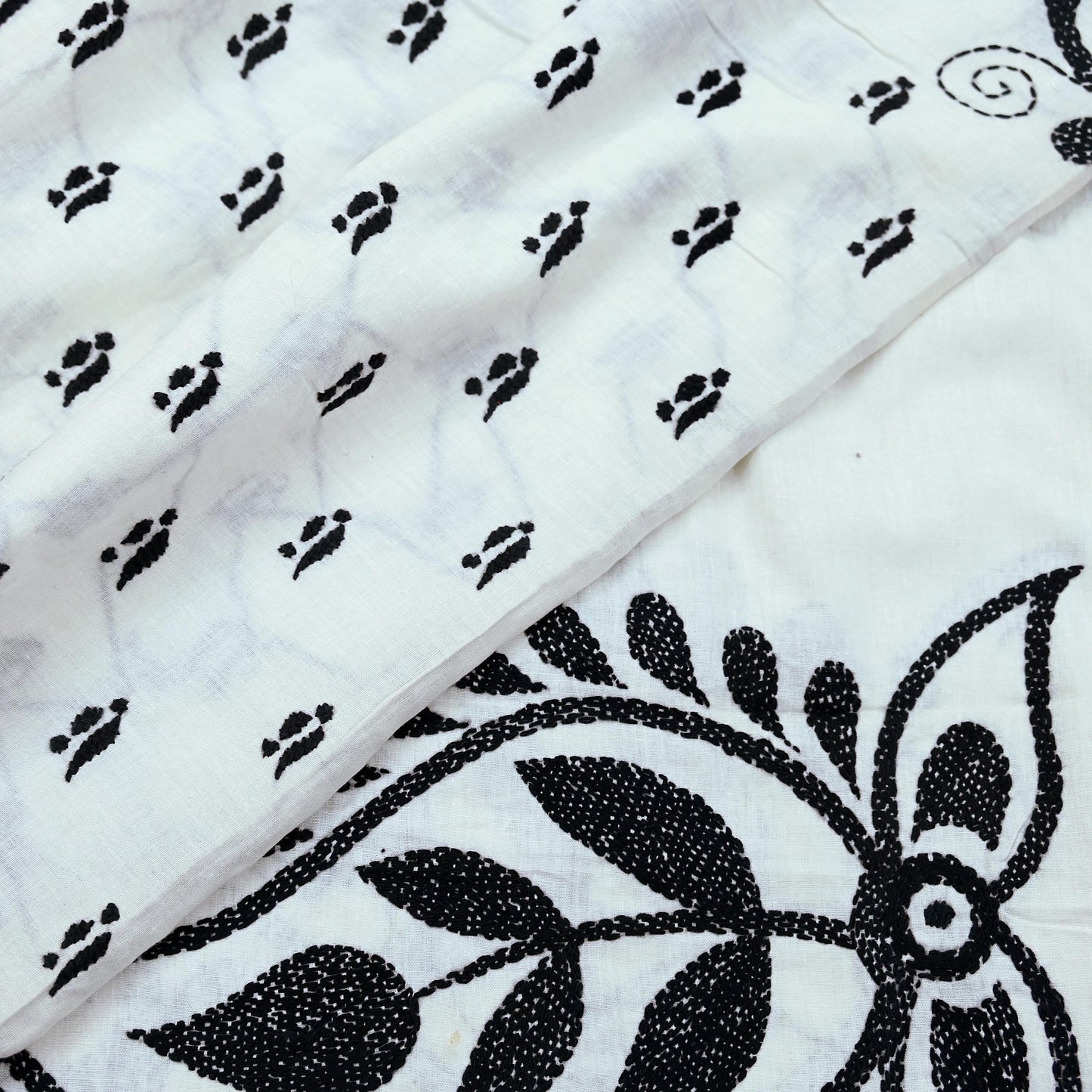 Indian Vintage White Dupatta Long Stole Pure Cotton Hand Embroidered Kantha Scarves Veil Scarf Wrap
