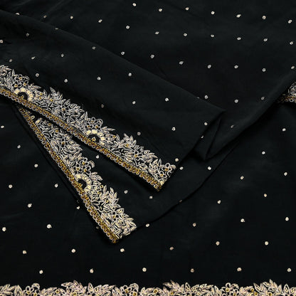 Indian Vintage Black Dupatta Long Stole Pure Crepe Silk Hand Embroidered Scarves Veil Scarf Wrap Hippie Boho Zardozi/ Dabka