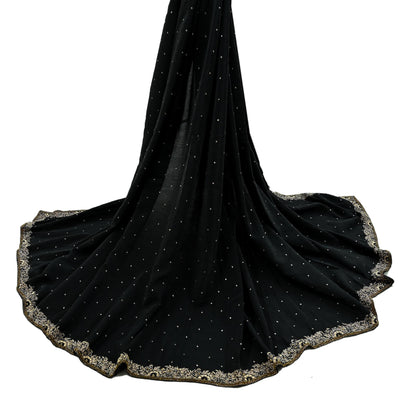 Indian Vintage Black Dupatta Long Stole Pure Crepe Silk Hand Embroidered Scarves Veil Scarf Wrap Hippie Boho Zardozi/ Dabka