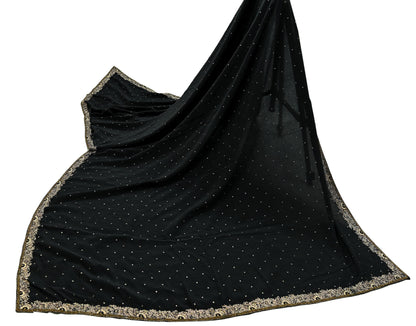 Indian Vintage Black Dupatta Long Stole Pure Crepe Silk Hand Embroidered Scarves Veil Scarf Wrap Hippie Boho Zardozi/ Dabka