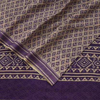 Indian Vintage Sari Beige & Purple Pure Cotton Printed Sarees Craft Fabric Soft 5Yd Sarong Wrap Boho Fabric Kimono Quilting Crafting Upcycle