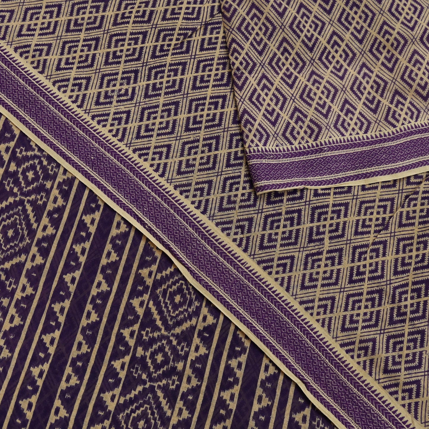 Indian Vintage Sari Beige & Purple Pure Cotton Printed Sarees Craft Fabric Soft 5Yd Sarong Wrap Boho Fabric Kimono Quilting Crafting Upcycle