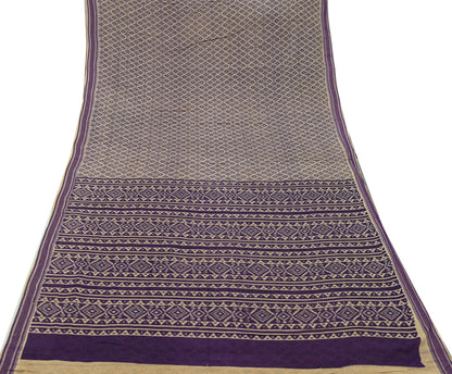 Indian Vintage Sari Beige & Purple Pure Cotton Printed Sarees Craft Fabric Soft 5Yd Sarong Wrap Boho Fabric Kimono Quilting Crafting Upcycle