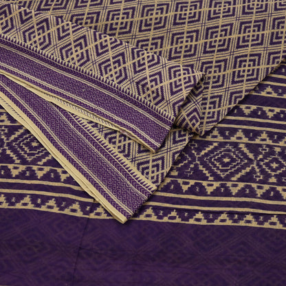 Indian Vintage Sari Beige & Purple Pure Cotton Printed Sarees Craft Fabric Soft 5Yd Sarong Wrap Boho Fabric Kimono Quilting Crafting Upcycle