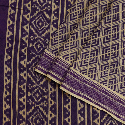 Indian Vintage Sari Beige & Purple Pure Cotton Printed Sarees Craft Fabric Soft 5Yd Sarong Wrap Boho Fabric Kimono Quilting Crafting Upcycle