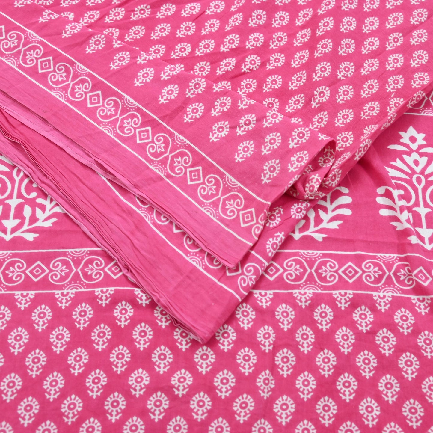 Indian Vintage Sari Pink Block Printed Pure Cotton Sarees 6Yd Craft Fabric Sewing Sarong Wrap Boho Upcycle quilting Dress making