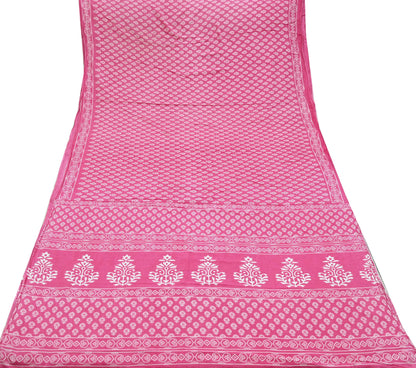 Indian Vintage Sari Pink Block Printed Pure Cotton Sarees 6Yd Craft Fabric Sewing Sarong Wrap Boho Upcycle quilting Dress making