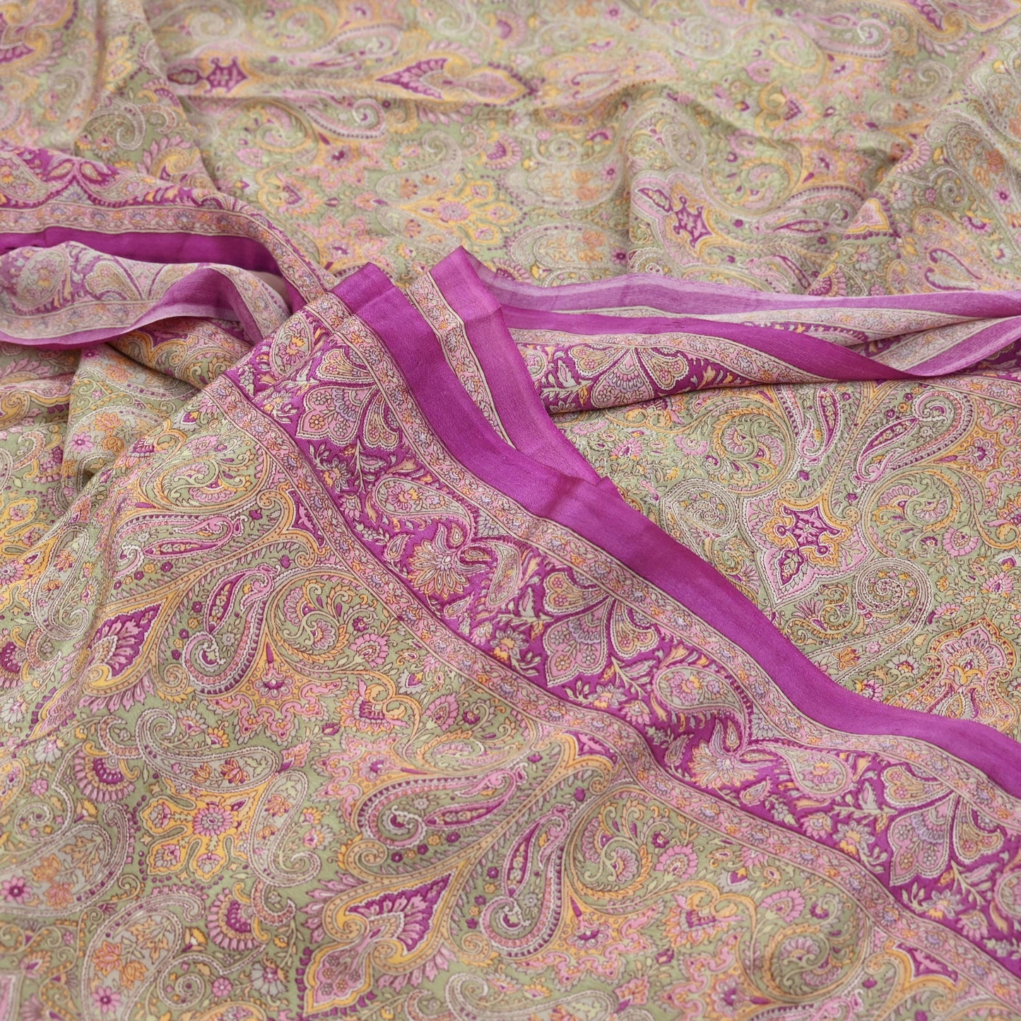 Indian Vintage Sari Green & Purple Pure Crepe Silk Printed Saree 5yd Sewing Floral Craft Fabric Wrap Dress Making Quilting Crafting