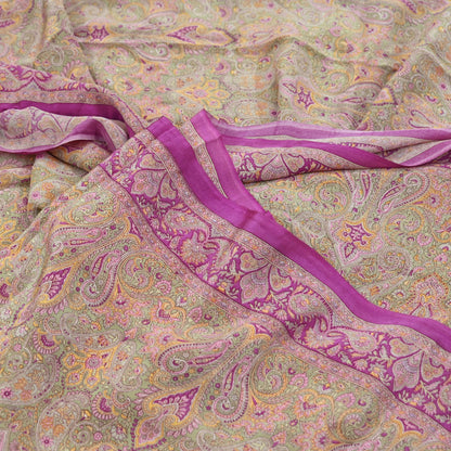 Indian Vintage Sari Green & Purple Pure Crepe Silk Printed Saree 5yd Sewing Floral Craft Fabric Wrap Dress Making Quilting Crafting