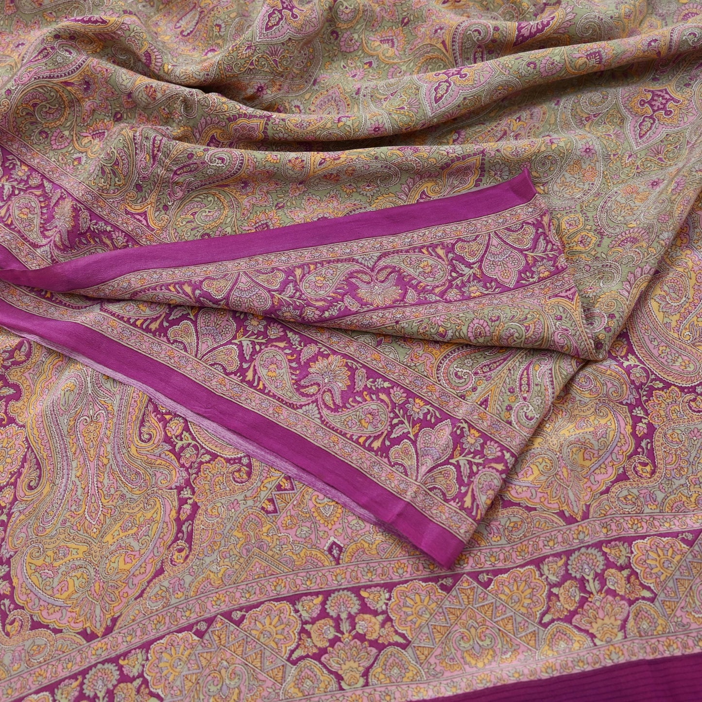 Indian Vintage Sari Green & Purple Pure Crepe Silk Printed Saree 5yd Sewing Floral Craft Fabric Wrap Dress Making Quilting Crafting